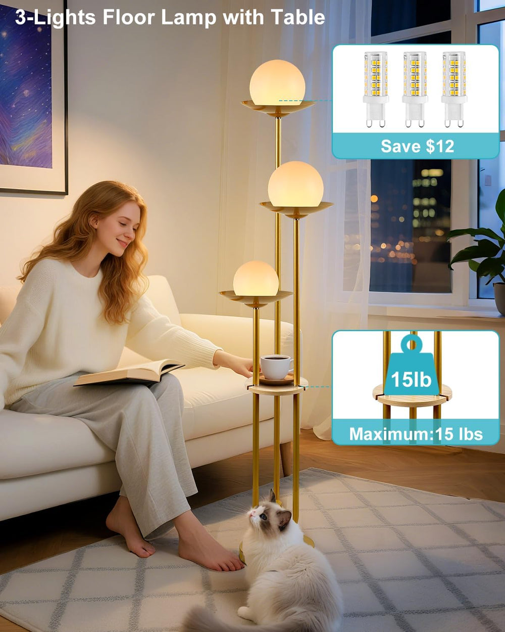 63IN Globe Floor Lamp with Shelf 3-Lights Modern Dimmable Floor Lamps with 30...