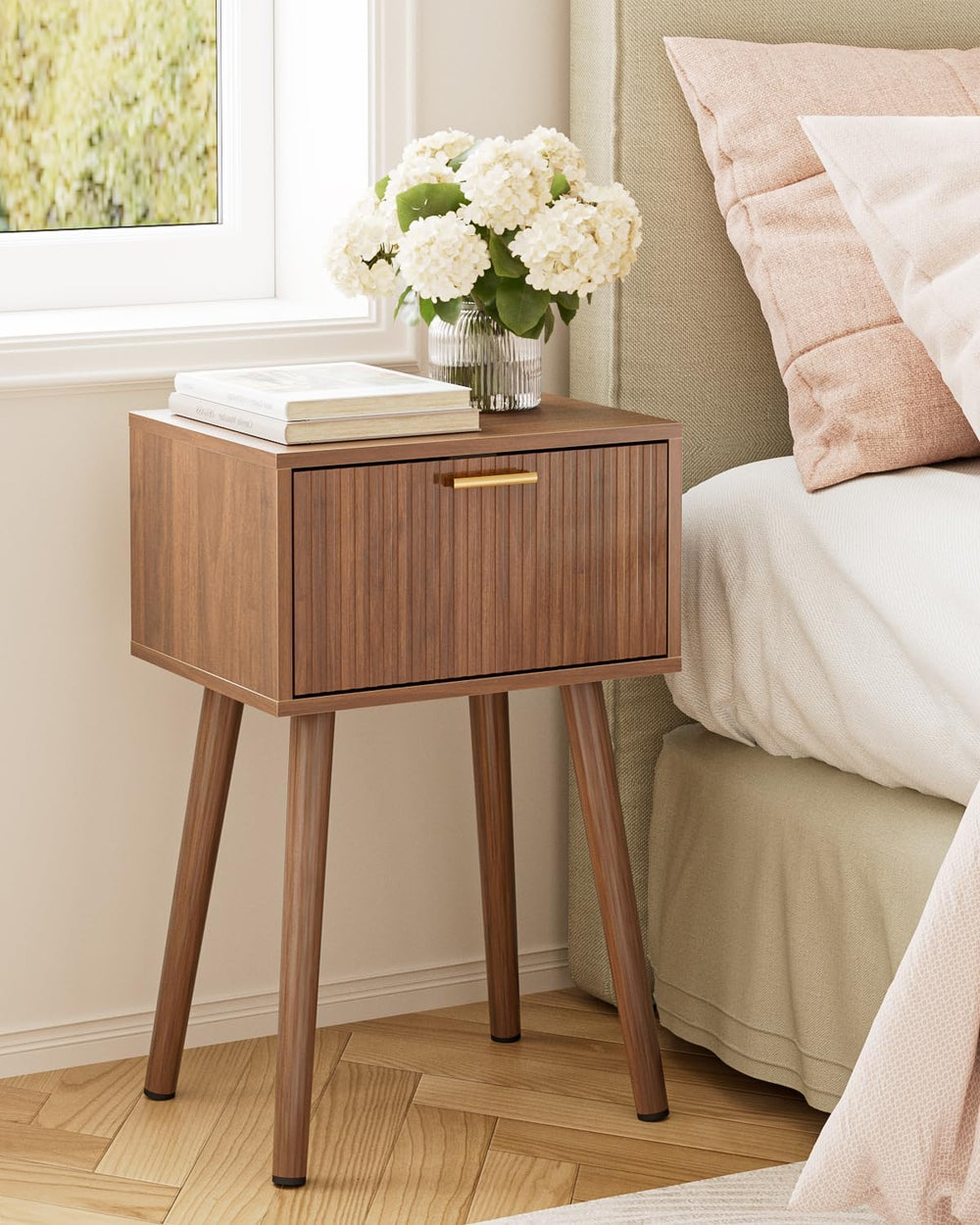 Night Stand Set 2, Modern Nightstand with Fluted Doors, Walnut