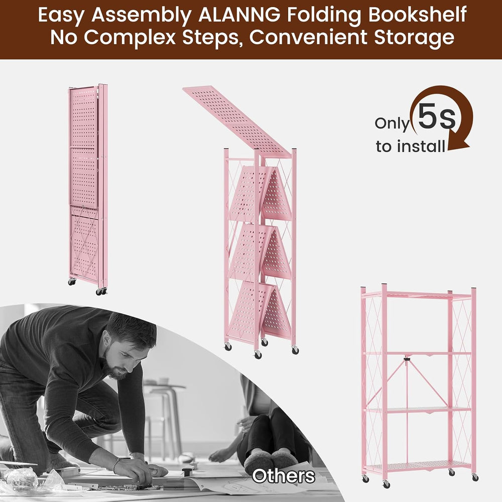 ALANNG 4 Tier Folding Shelf with Wheels, No Assembly Metal Storage Rack