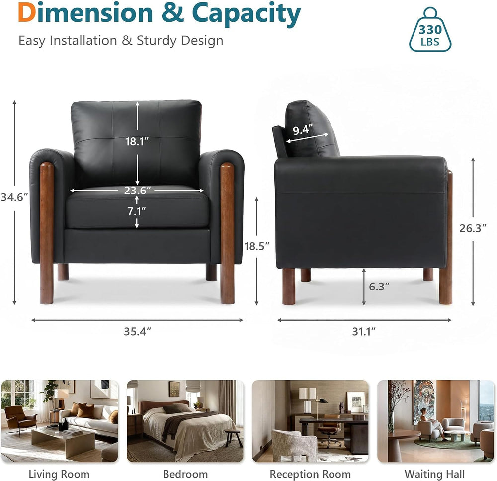 STHOUYN 35" Black Leather Oversized Accent Chair Set of 2 with Wood Armr...