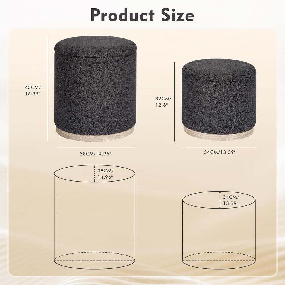 PINPLUS Round Storage Ottoman Set of 2, Dark Grey Boucle Stools with Tray