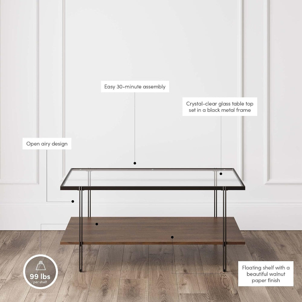Nathan James Asher Mid-Century Rectangle Coffee Table Glass Top and Wood Fini...