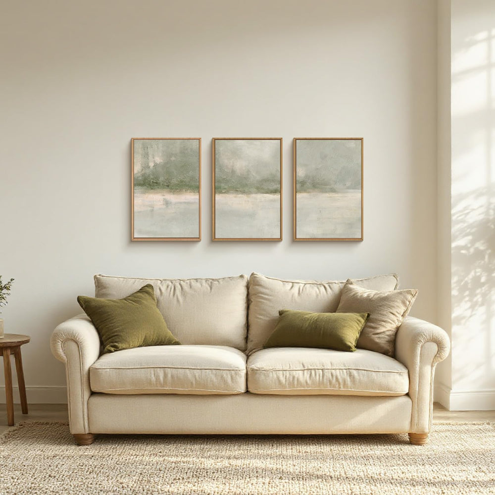 FWIEXA Grey Green Abstract Canvas Wall Art Set 3, Neutral Landscape Framed Pr...