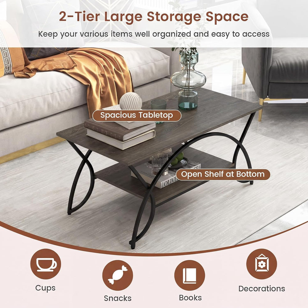 GIANTEX 2-Tier Coffee Table with Storage, 39.5" Wood Center Table, Grey Oak