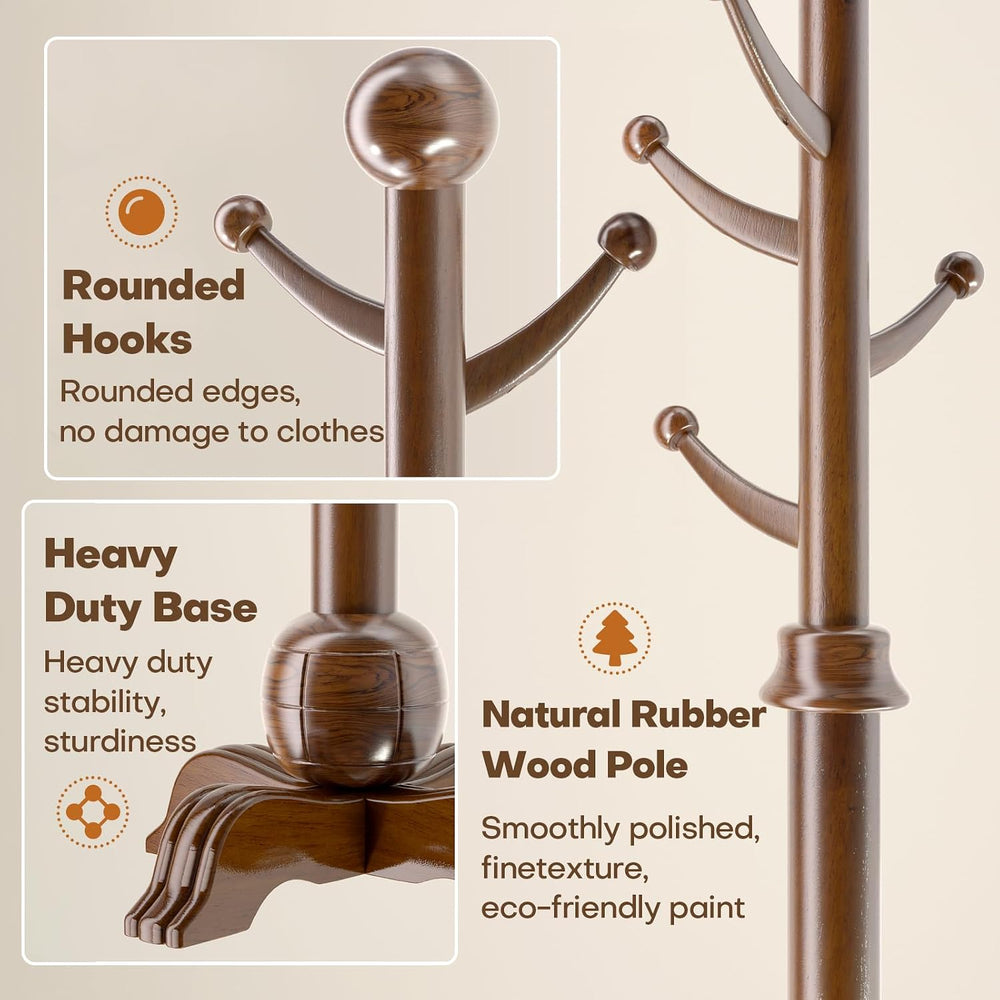 Wooden Coat Rack, 7 Hooks Freestanding Wood Coat Tree Rack with Stable Base
