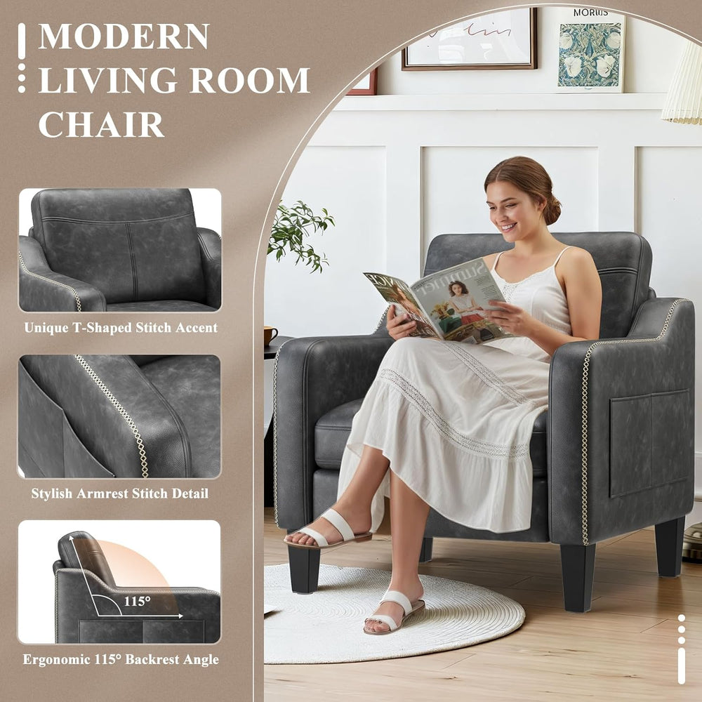 MALOL PU Leather Accent Chair with Solid Wood Frame, Black