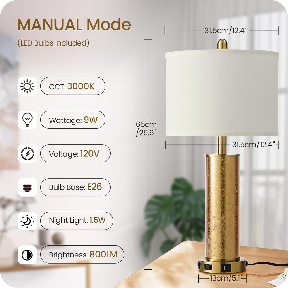 25.6" Gold Table Lamps Set of 2, Tall Bedside Lamps with Nightlight, Mod...