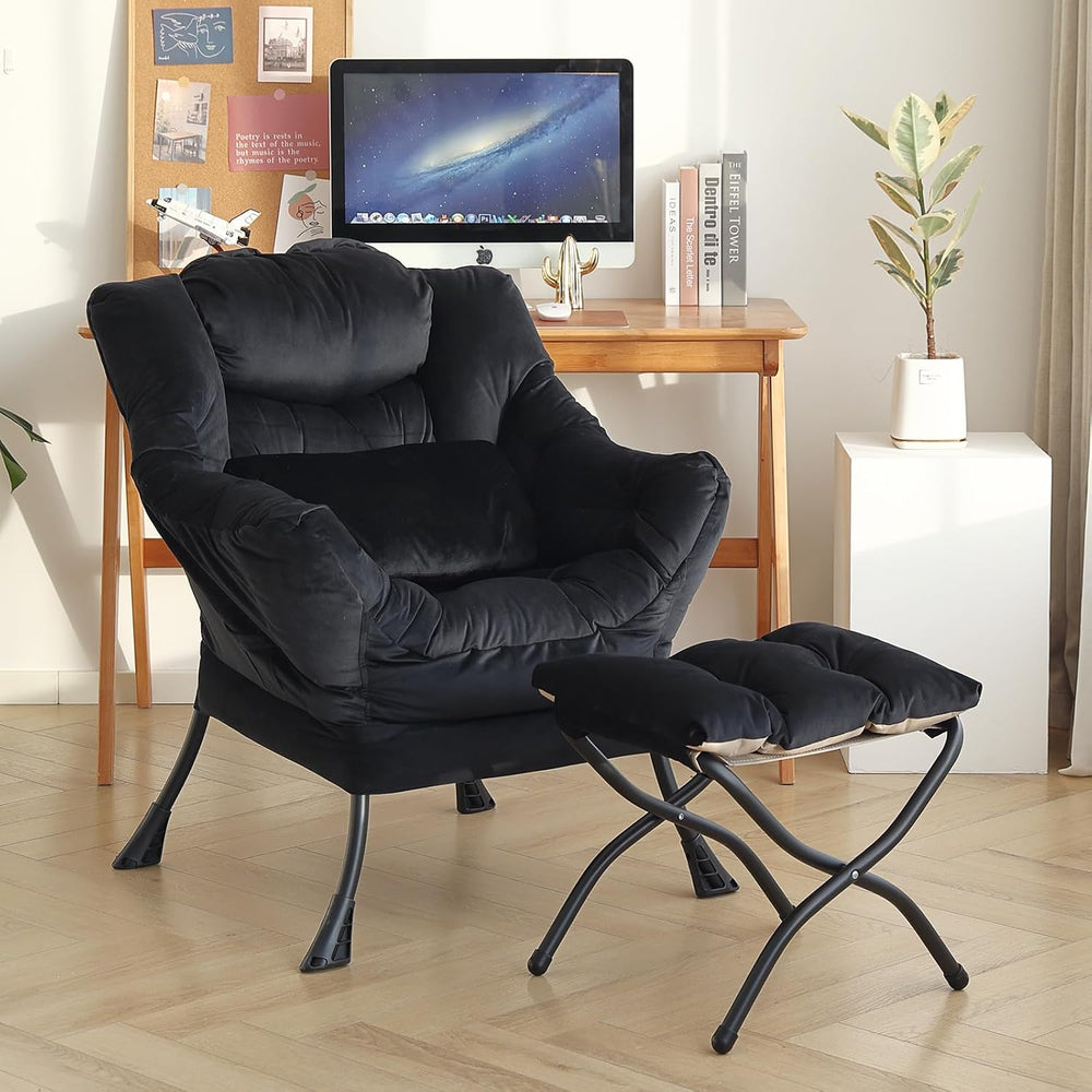 Lazy Chair with Ottoman, Comfy Chair with Pillow,Pure Black