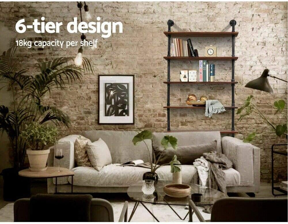 Industrial Pipe Bookshelf, 6 Layer Rustic Modern Wood Ladder Shelf with Metal...