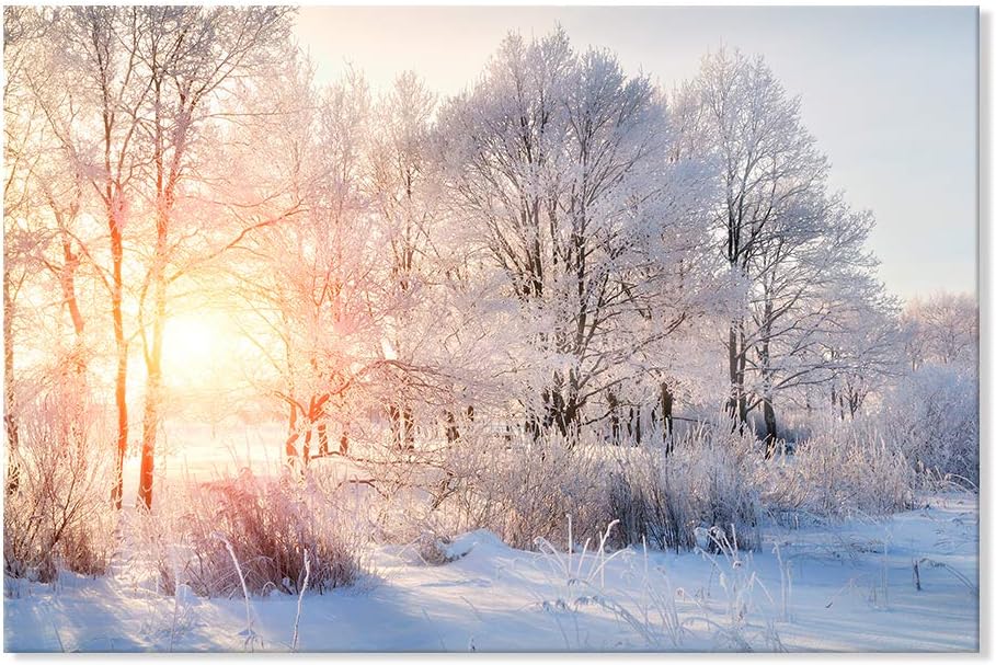 SEVEN WALL ARTS Winter Tree Canvas Wall Art Snow Covered Winter Forest Sunris...