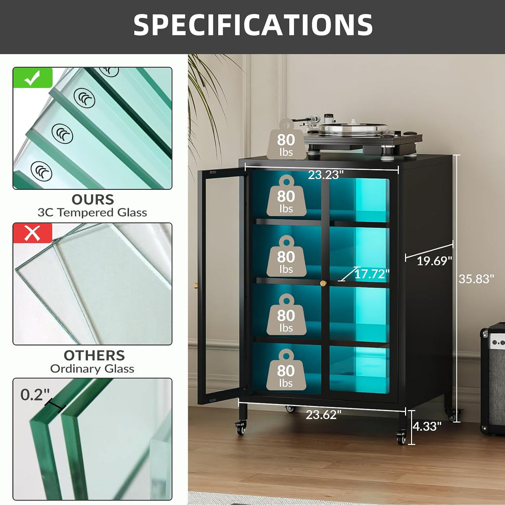 Metal Media Cabinet with 13-Color LED Lights & Swivel Wheels, 4-Tier Ster...