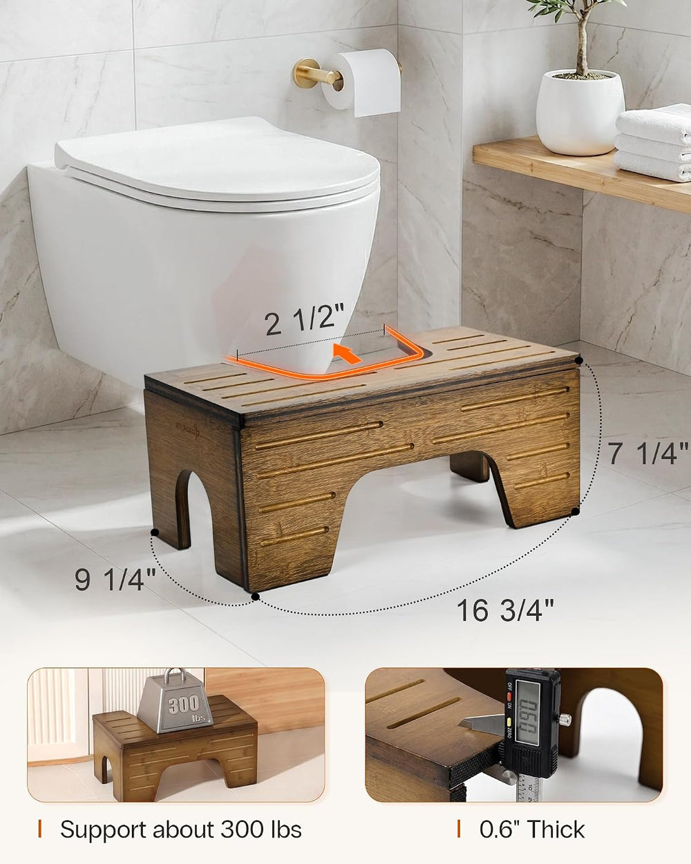 StrongTek Bamboo Toilet Stool, Foldable 7–9 in, 300 lb, Dark Walnut