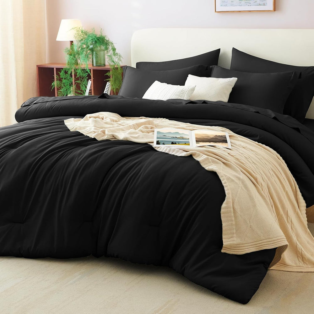CozyLux King Size Comforter Set Black, 7 Pieces Bed in a Bag