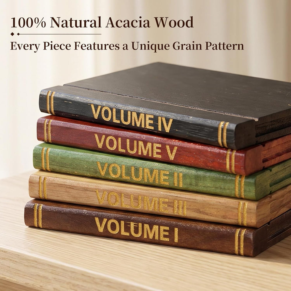 5 Pack Acacia Wood Drink Coasters with Holder for Coffee Table Decor