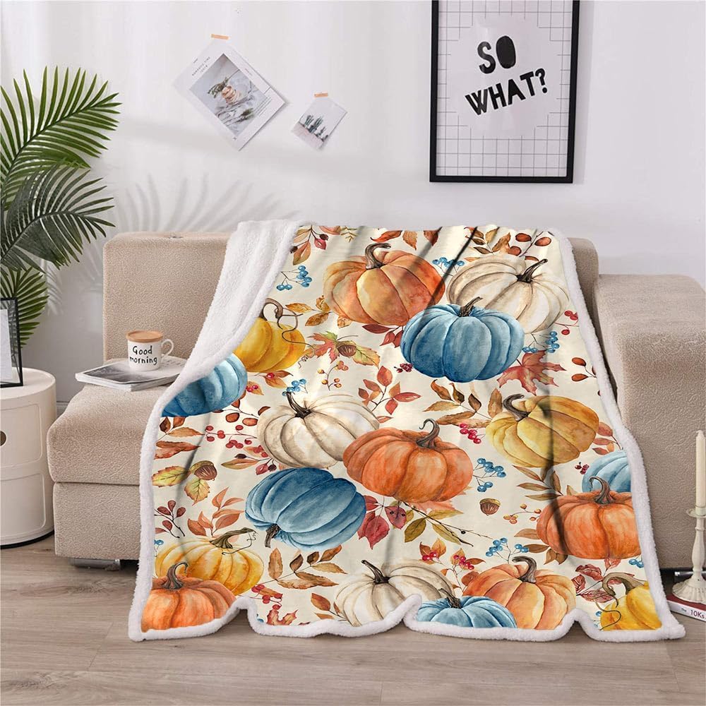 Fall Pumpkins Throw Blanket, Autumn Orange White Blue Pumpkins Leaves and Ber...