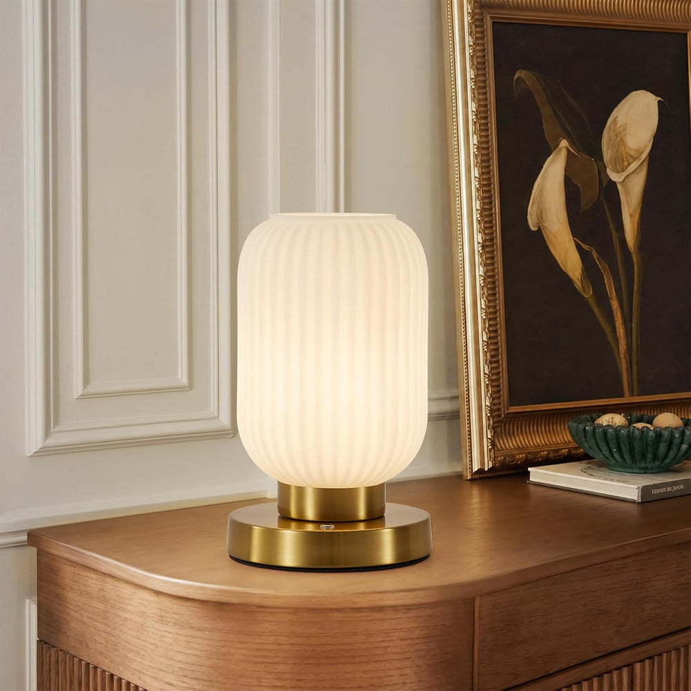 6" MCM Cordless Rechargeable White Glass Table Lamp, Touch Dimmable