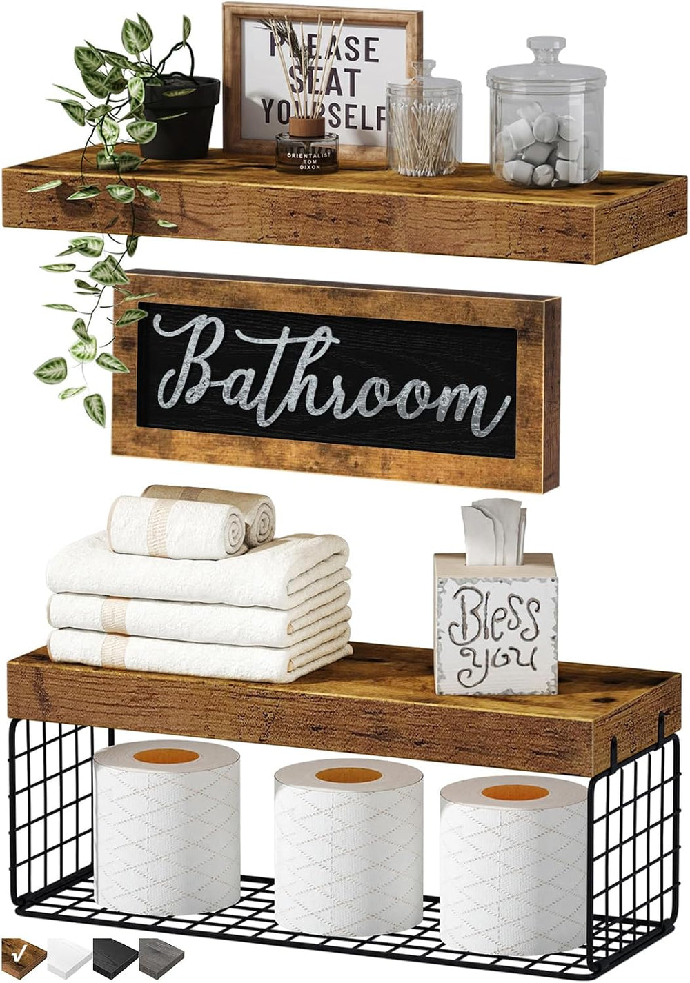 QEEIG Bathroom Shelves with Decor Sign (Brown, 15.7")