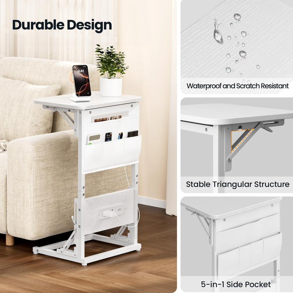 HLDIRECT C Shaped End Table with Charging Station & Storage Bag White