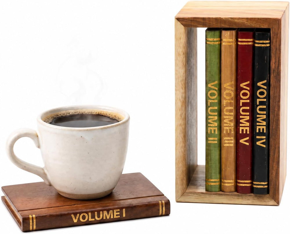 5 Pack Acacia Wood Drink Coasters with Holder for Coffee Table Decor