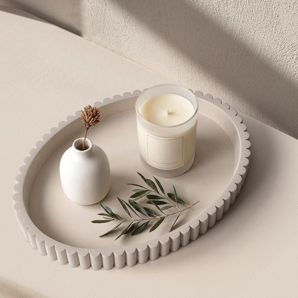 Oval Tray for Coffee Table Decor, 13" Concrete Coffee Table Tray,Cream Gray