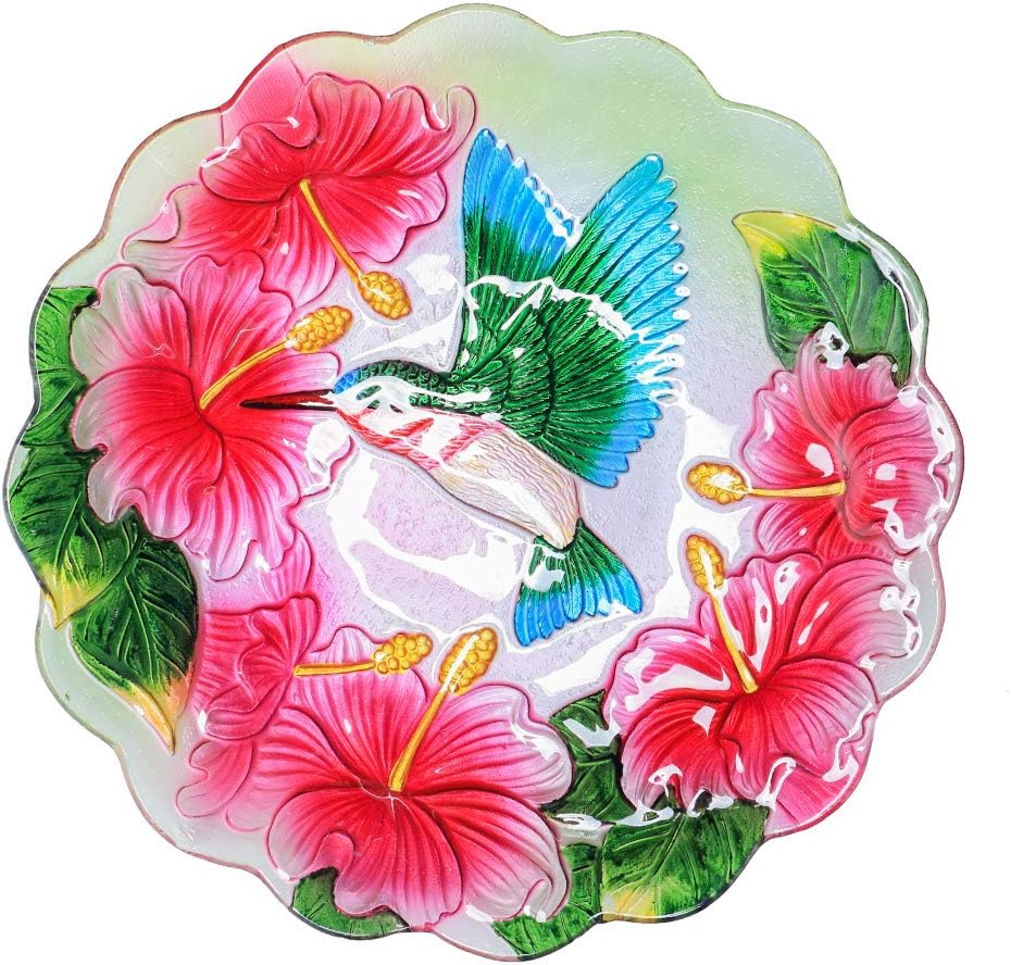 MUMTOP Outdoor Glass Birdbath with Metal Stand for Garden Hummingbird Decor