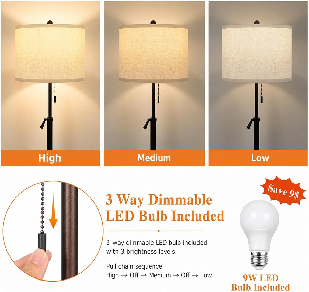61-69" Adjustable Floor Lamp, Tall Standing Lamp, 3Way Bulb, Pull Chain