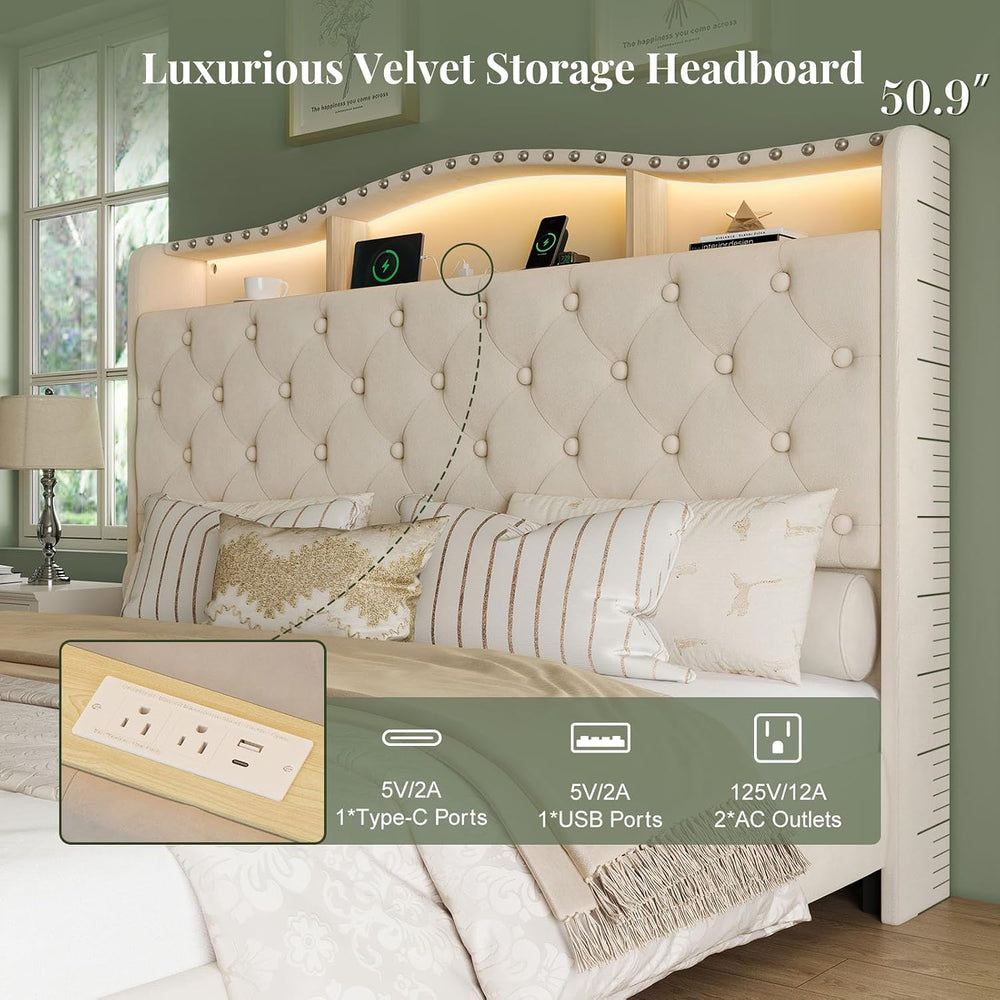 Belffin Platform Bed Frame with 50.9" LED Headboard, Queen Beige
