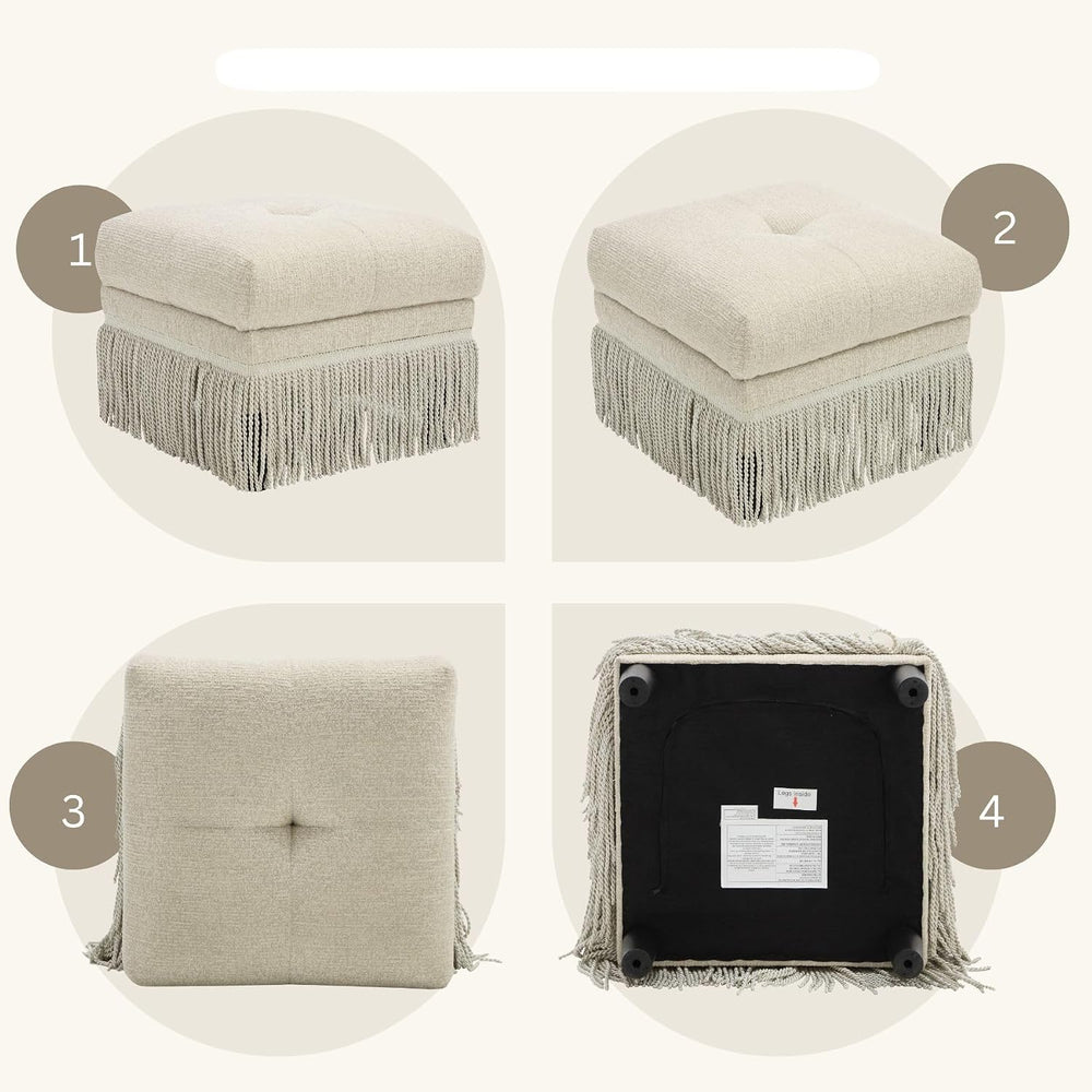 Hyfirm Upholstered Ottoman Footstool with Fringe Skirt, 21.5" Square