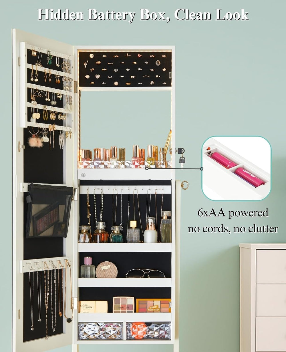 LUXFURNI Full‑Length Standing Jewelry Armoire, 60 in Mirror with Storage