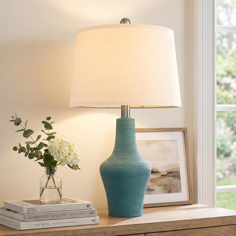 23" Farmhouse Ceramic Table Lamp Modern Bedside Lamps Matte Teal
