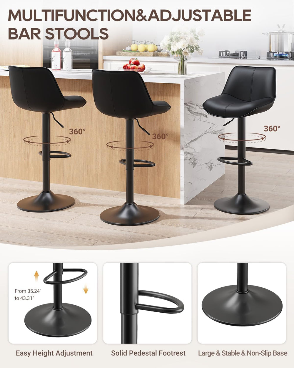 Bar Stools Set of 4, Adjustable Swivel Faux Leather Barstools 26-34inch with ...