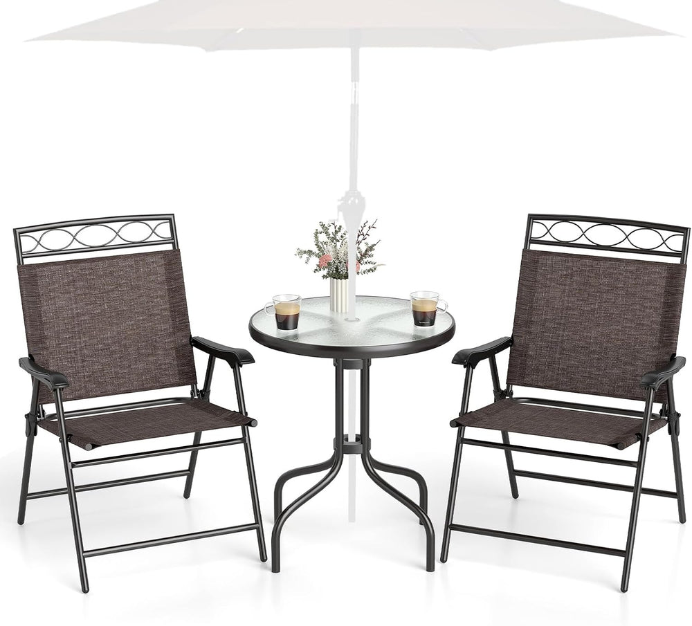 HAPPYGRILL 3 Pieces Patio Dining Set with Round Glass Table, Folding Chairs, ...
