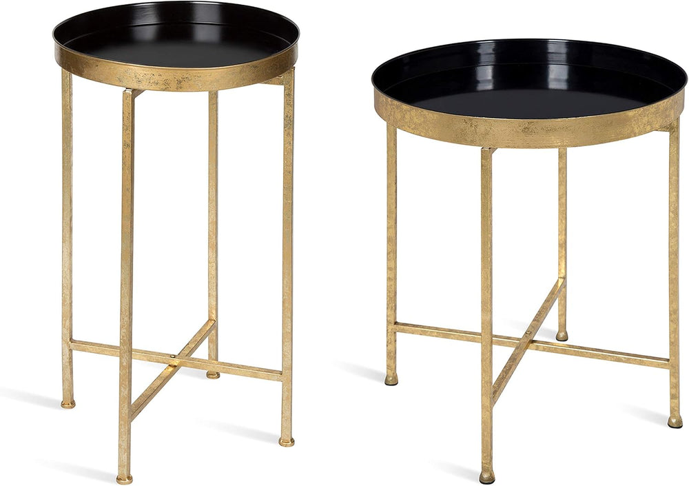 Kate and Laurel Celia Round Metal Foldable Tray Accent Table, Black with Gold...