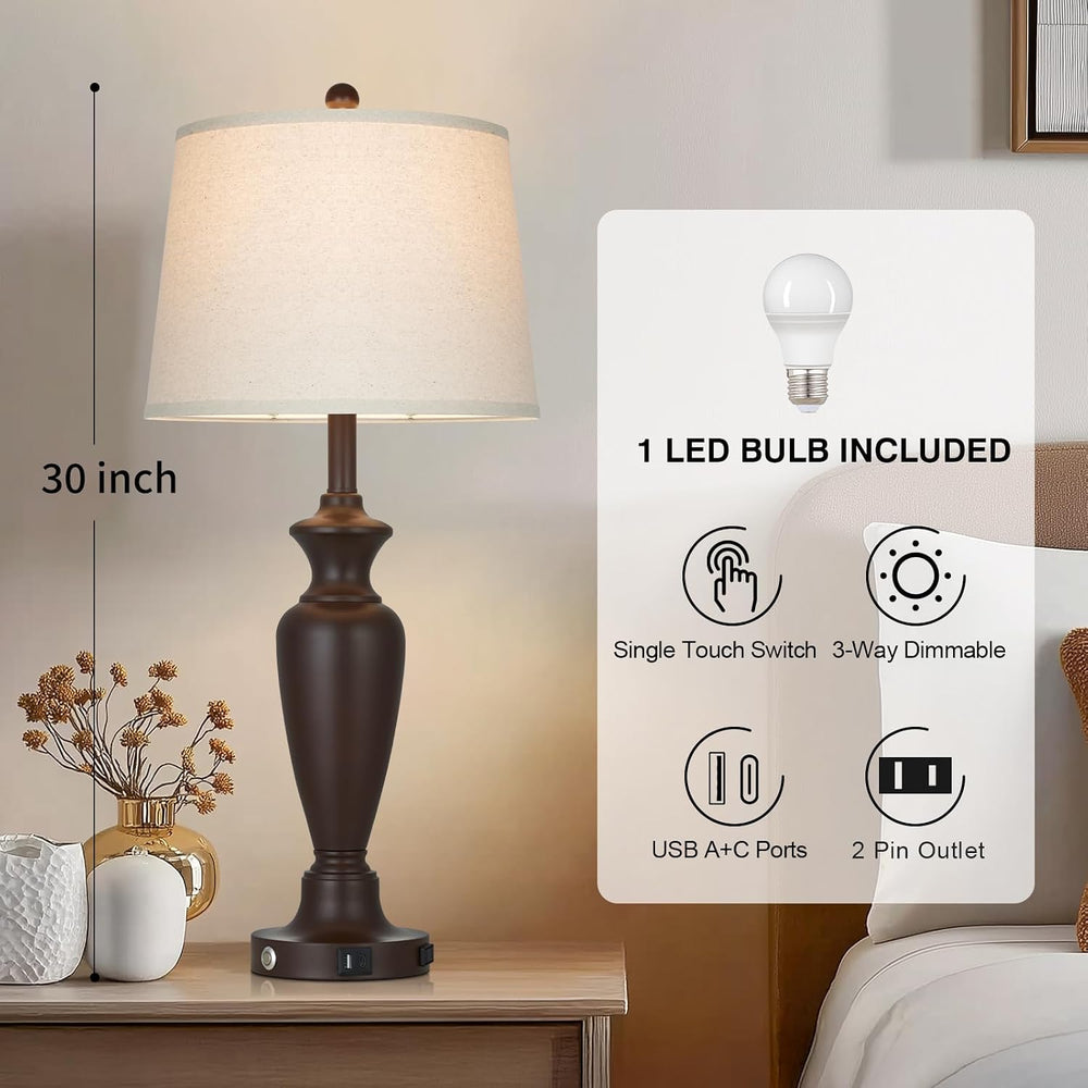 30" Tall Brown Table Lamp for Living Room, Touch Control Bedside Lamp fo...