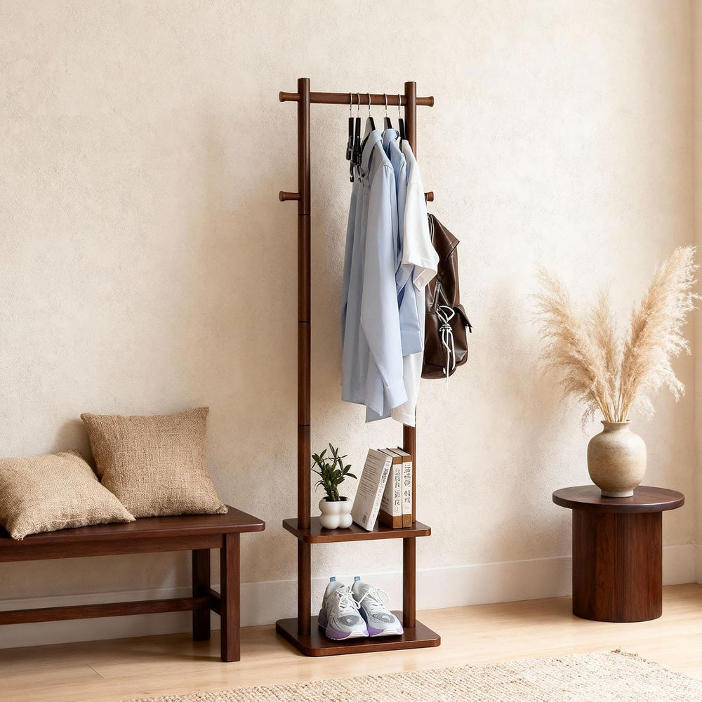 Solid Wood Coat Rack Freestanding,Clothing Tree Racks with 2-layer Shelves St...