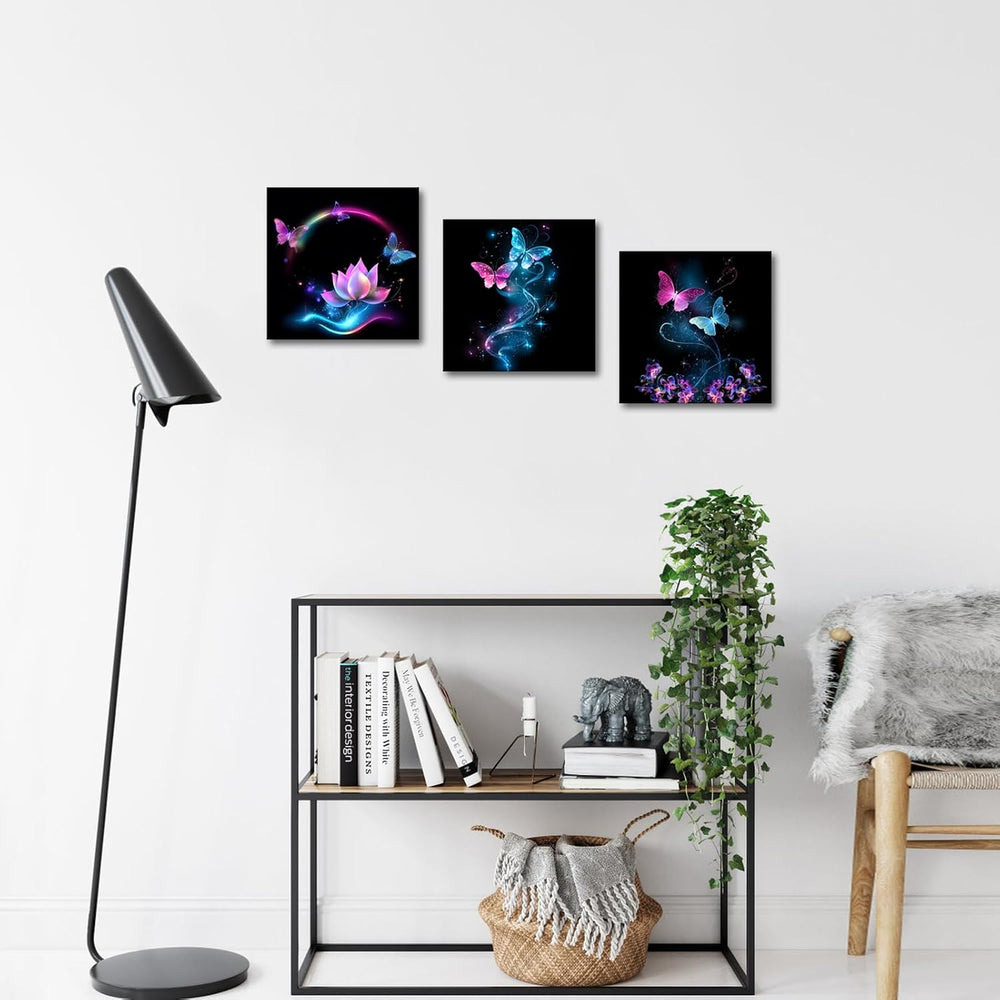 iKNOW FOTO Canvas Set of 3 Abstract Purple Butterfly Wall Art Flower Painting...