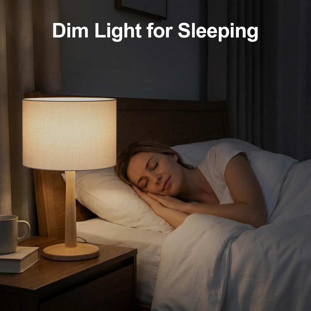 16.3” Natural Wood Table Lamp with Linen Drum Shade, E26 Base, Beige