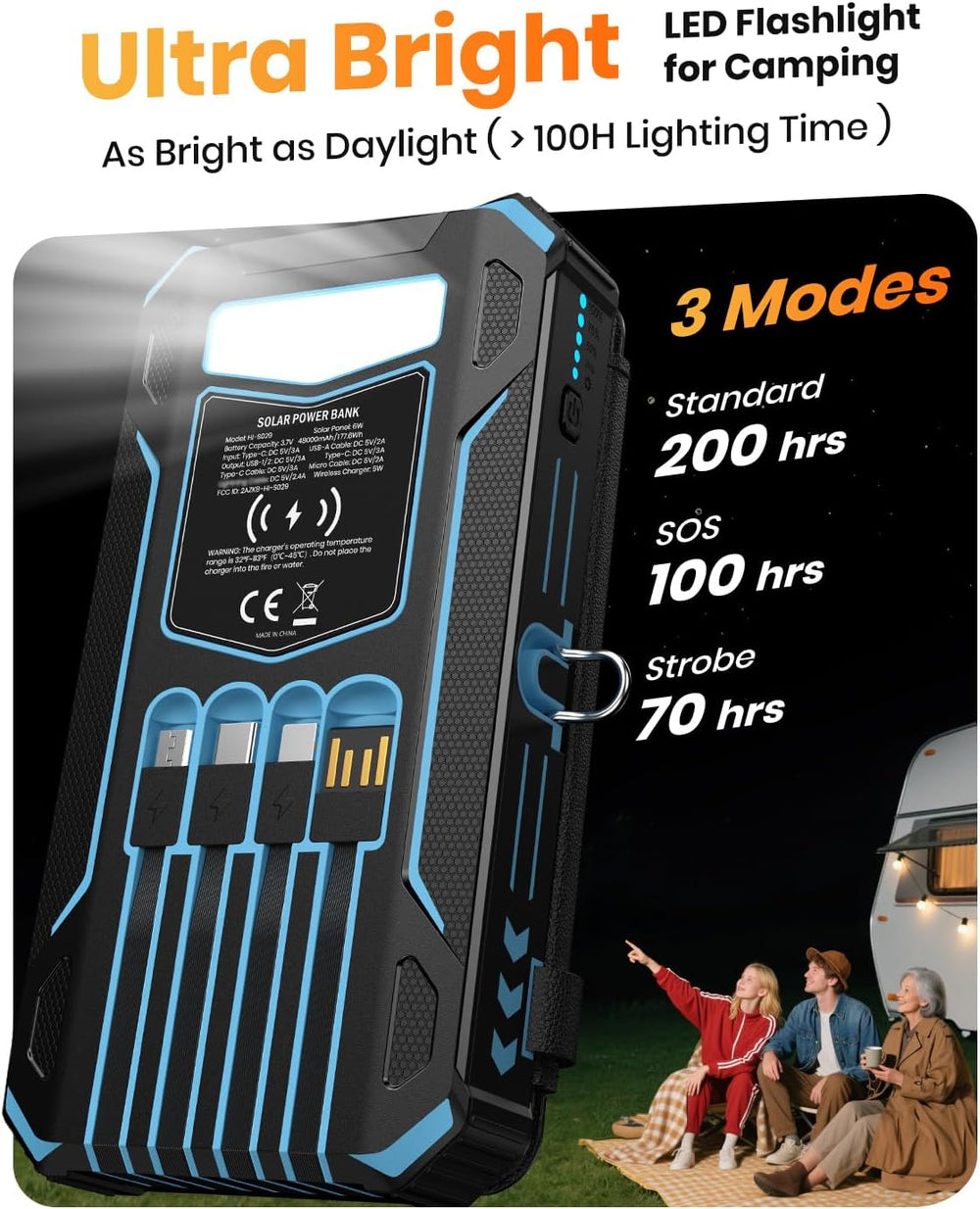 SOARAISE Solar Power Bank 48000mAh Wireless Battery Pack with 4 Cables