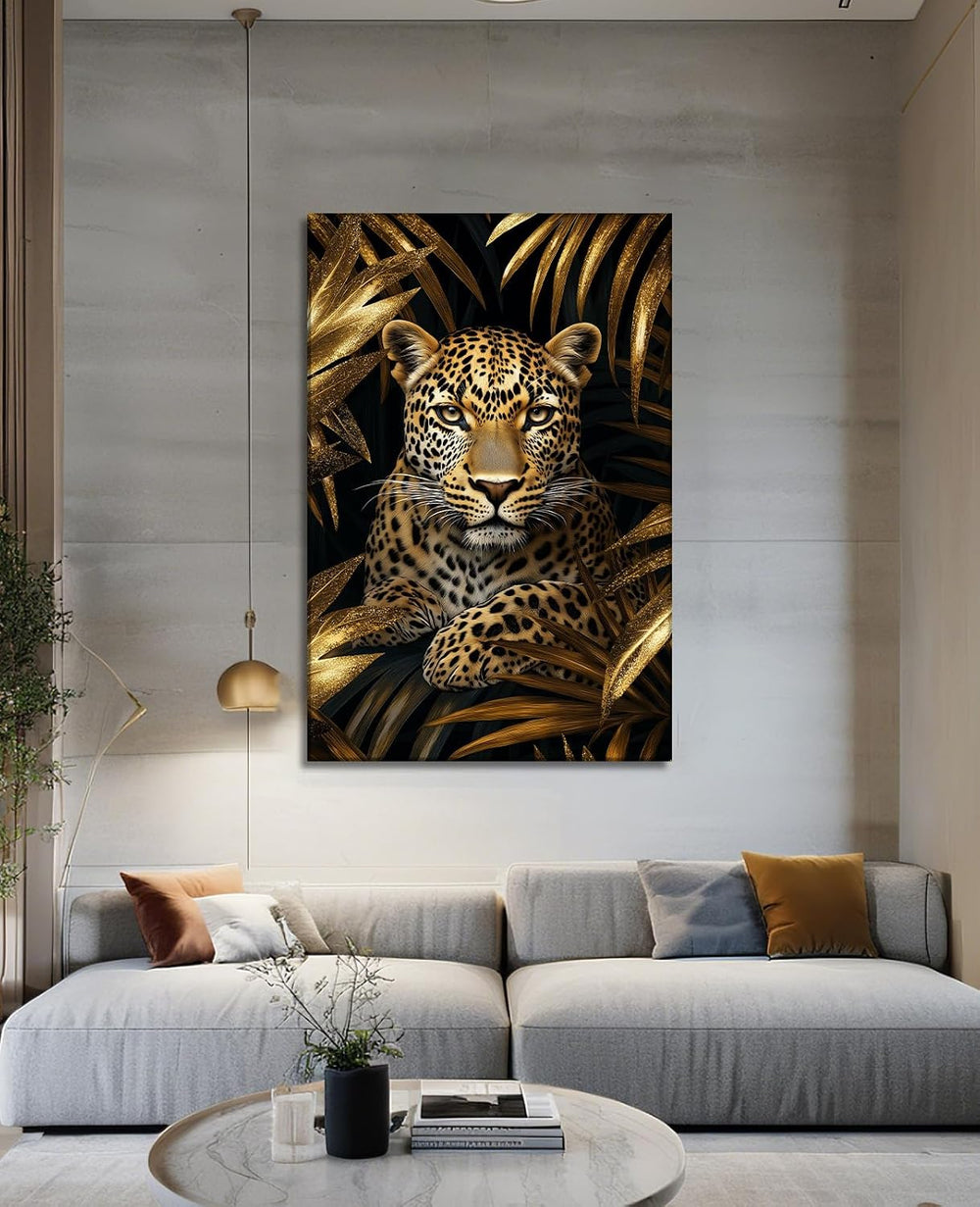 Leopard Canvas Wall Art Gold Leaves Picture Black Poster African Theme Jungle...