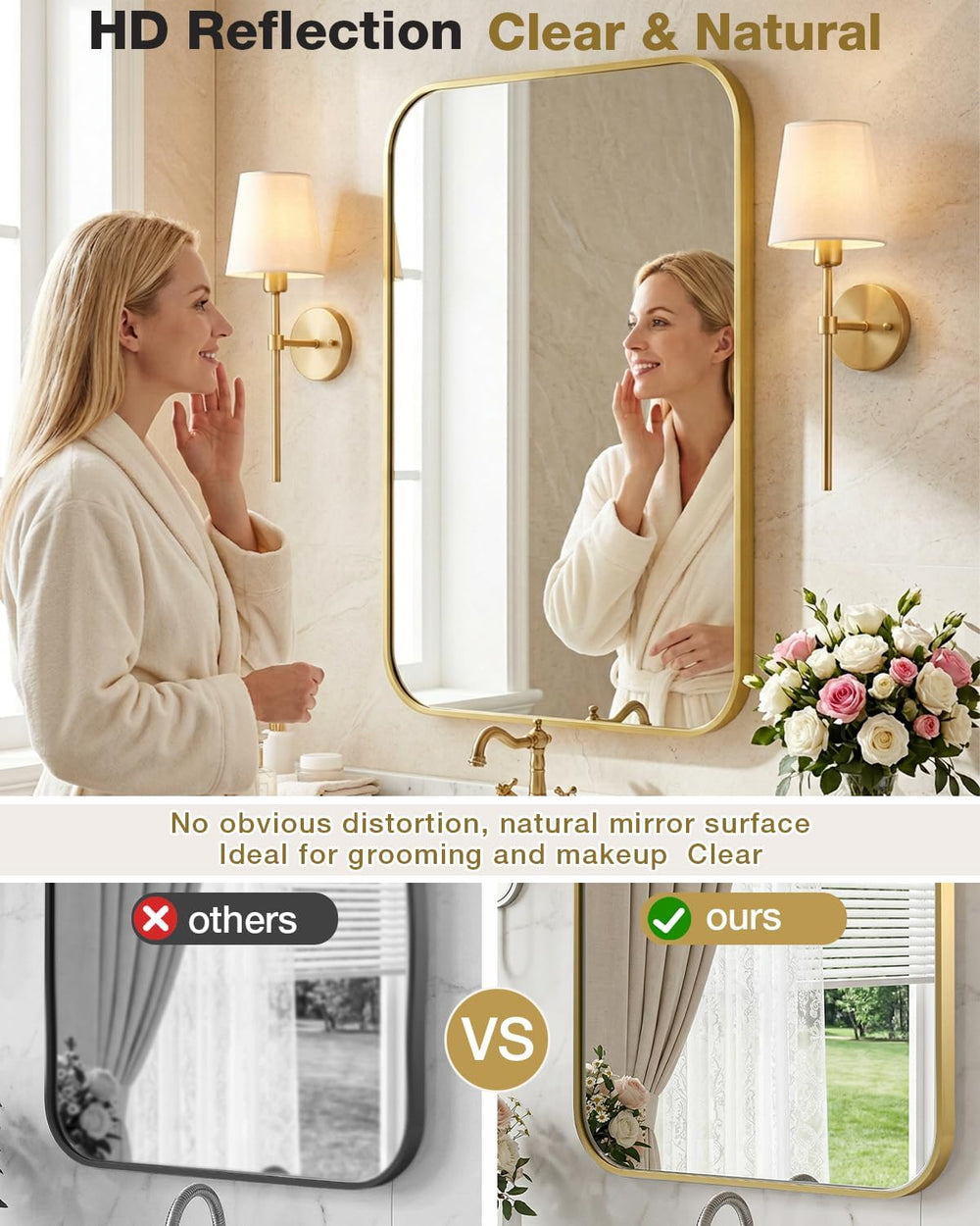 24"x36" Brushed Gold Bathroom Mirror, Rectangle Vanity Mirror for O...