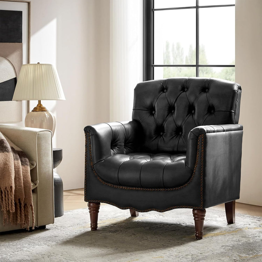 HULALA HOME Mid Century Modern Genuine Leather Accent Chair, Black