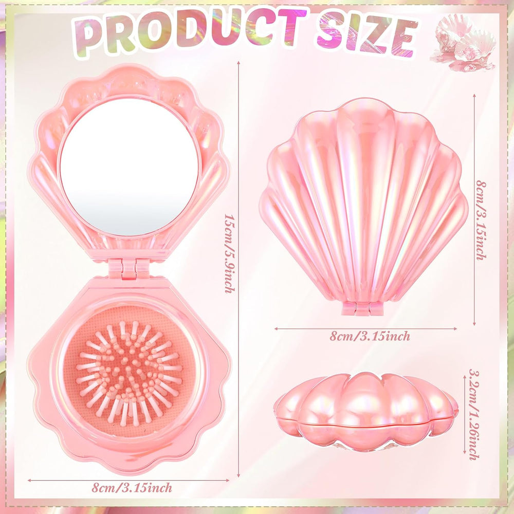 12 Pcs Mermaid Party Favors Shell Hair Brush Mirror, Pink