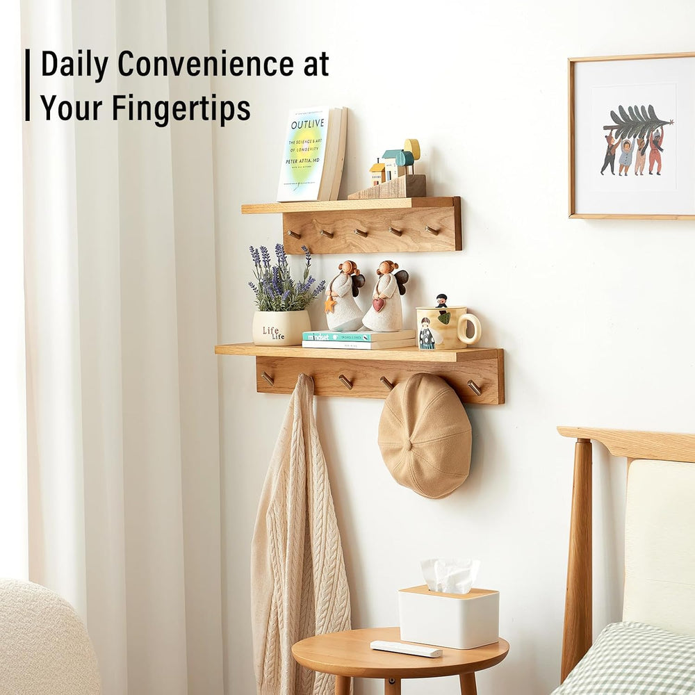 Wall Hooks with Shelf Oak Wood Coat Rack Shelf Wall Mounted, Entryway Shelves...