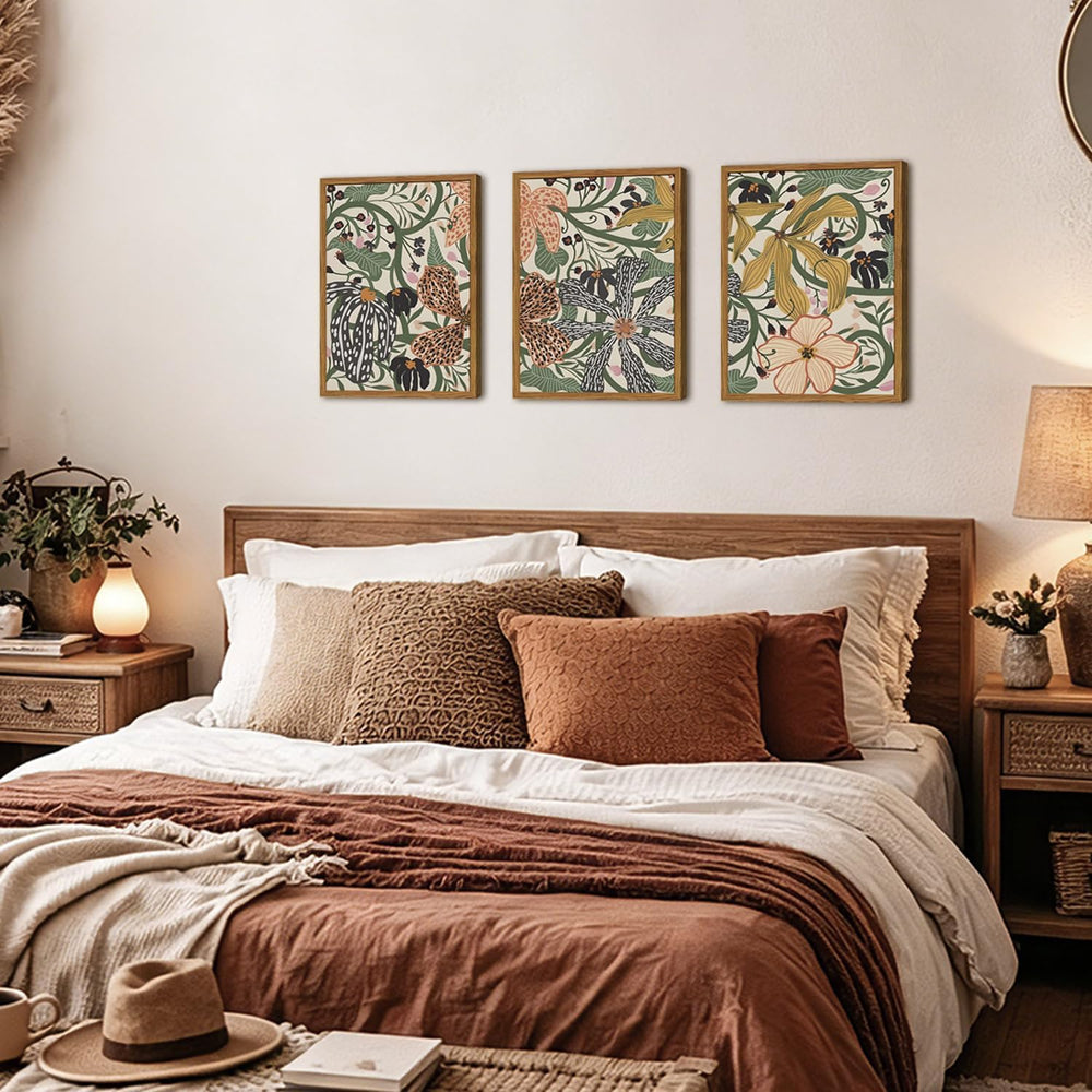 Framed Boho Floral Canvas Wall Art Set of 3, Sage Green Flower Pictures Wall ...