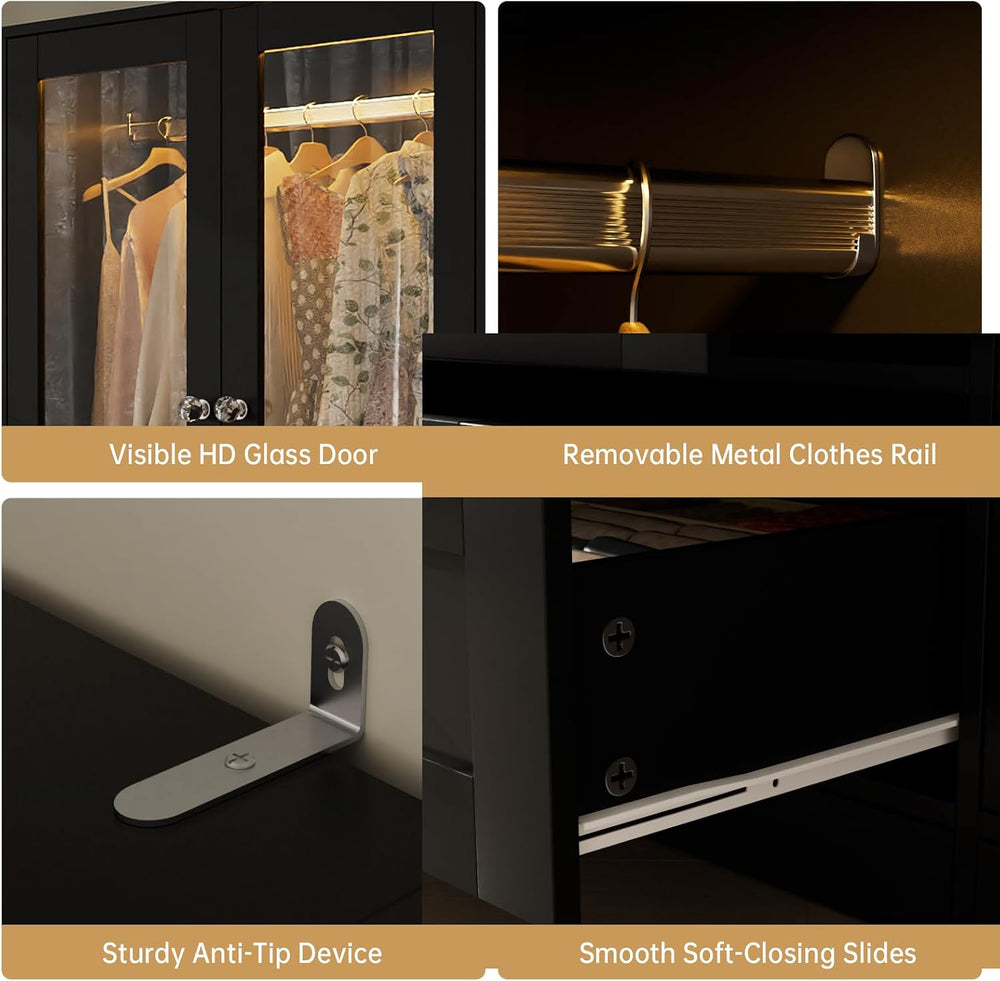VOWNER 71" H Armoire Wardrobe Closet with Motion Sensor LED Light (Black)