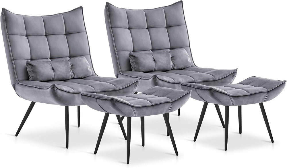 MCombo Accent Chair with Ottoman, Set of 2 Modern Velvet Wingback Reading Cha...