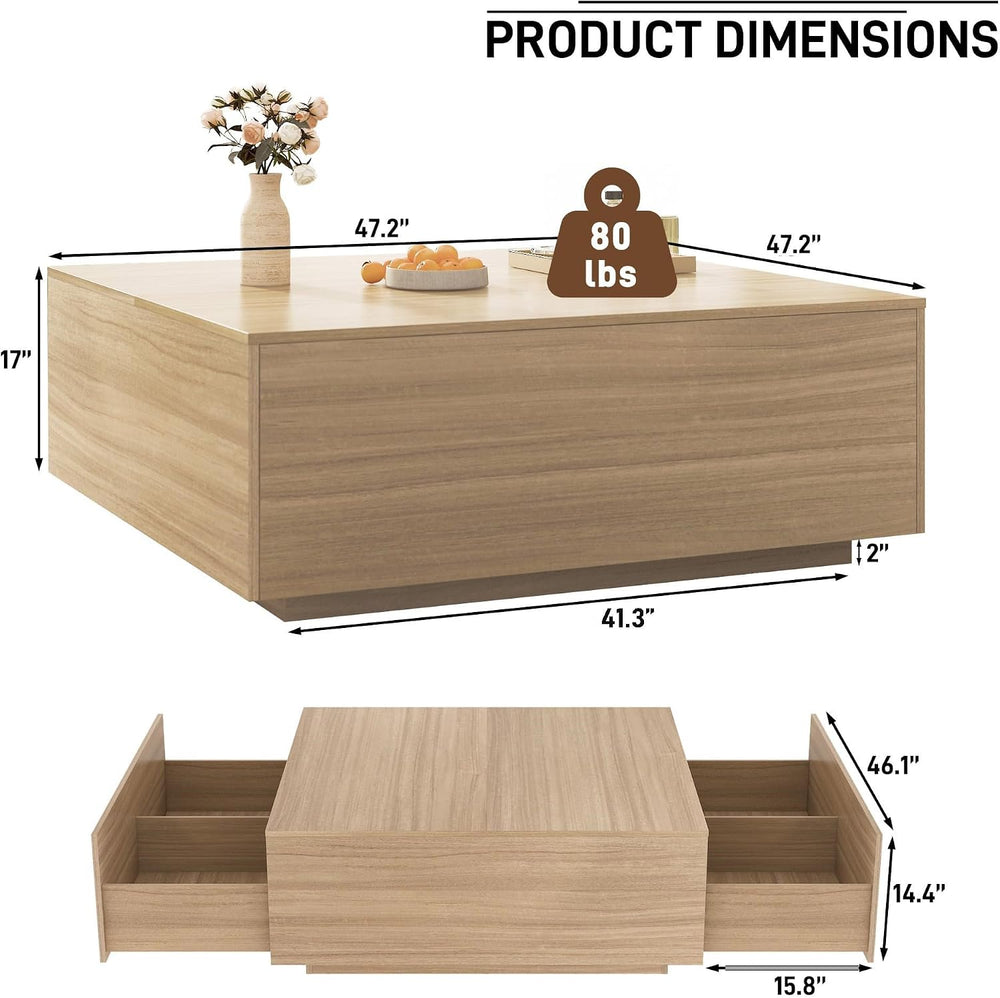 47 Inch Large Square Coffee Table with Storage,Wooden Coffee Table((OAK)