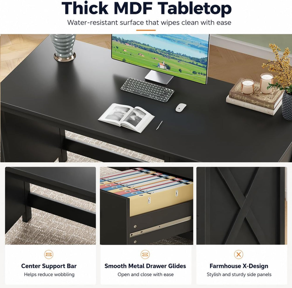JSB 47.2 Inch Black Computer Desk with 3 Drawers for Home Office Bedroom