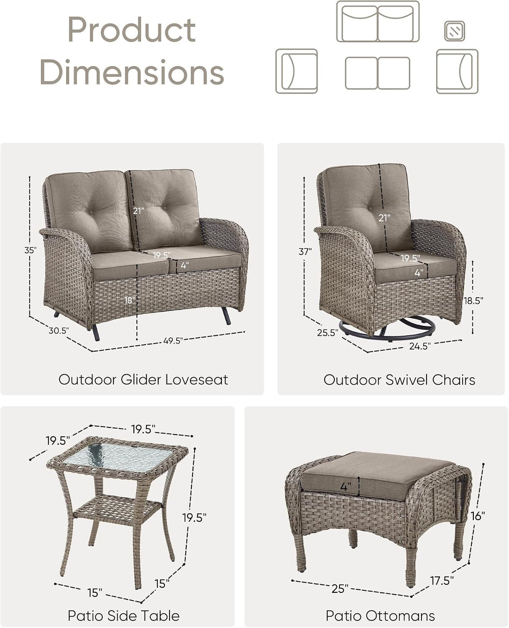 HUMMUH 6 Piece Wicker Patio Set, Swivel Rockers & Glider, Grey/Grey