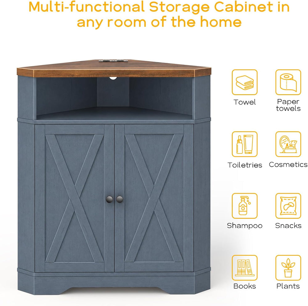 Halitaa Small Corner Storage Cabinet with USB Ports and Outlets, Blue